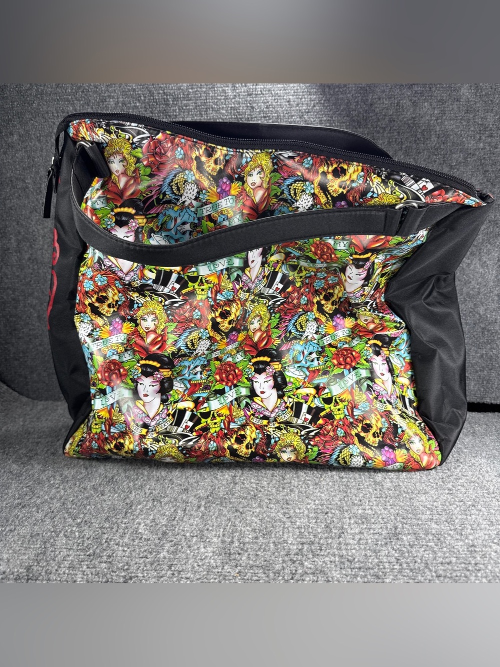 Ed Hardy Christian Audigier Tote Bag Geisha Kiss of Death Tattoo Skulls Flames